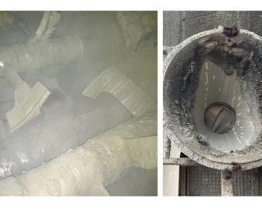 The twin-shaft mixer (left) and the mixer discharge chute (right) before the upgrade