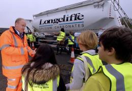 Longcliffe managing director Paul Boustead talking to students about road safety