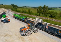 The first train loading at the new rail sidings at Tarmac’s Hillhead Quarry, near Buxton