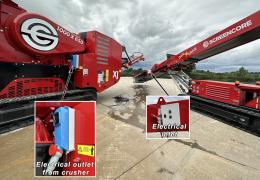 The 24m Screencore 380 stockpiler comes with ‘Dual Drive’ functionality that allows the unit to operate with power provided by a crusher or screen