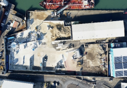 Aerial view of Brett Aggregates’ newly opened deep-water wharf in Portsmouth