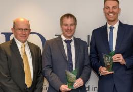 L-R: IQ Council member Steve Cole with Emerald Challenge winners Thomas Clifford, director of GEARS Ltd, and Oliver Kibble, quarry development Manager at Tarmac