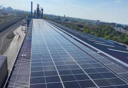 Solar panels on the roof of Tarmac’s Washwood Heath asphalt plant, in Birmingham