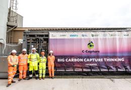 A new carbon capture trial has been launched at Heidelberg Materials’ Ketton cement works in Rutland using C-Capture’s low-cost, next-generation carbon capture technology. Pictured (L-R): Marian Garfield, sustainability director, Heidelberg Materials UK; Elliot Wellbelove, innovation carbon manager, Heidelberg Materials UK; C-Capture CEO Tom White; C-Capture process engineer Clàudia Hernández; and Rachel Morse, sustainability graduate, Heidelberg Materials UK 