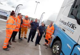 L–R: Amy Robinson, Longcliffe HGV driver; James Hopkinson, Longcliffe head of transport; Steve Bennett, director, Central Construction Services; Craig Torr, Longcliffe HGV driver; Inspector Richard Wenham, Metropolitan Police; Sergeant Rob Beckers, Metropolitan Police; and Paul Upton, Ben Bennetts HGV driver