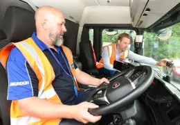 Chris Double (pictured right), Grundon’s regional operations manager, briefs colleague Jason Warrick on the new AI-led dash cams from Samsara