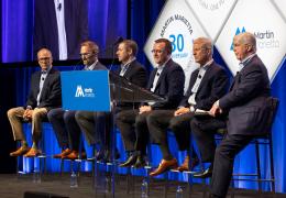 Martin Marietta chairman and CEO Ward Nye (right) fields questions about the past, present and future of the company along with division presidents (L–R) Ron Kopplin, Bill Podrazik, Chris Samborski, Kirk Light, and Abbott Lawrence