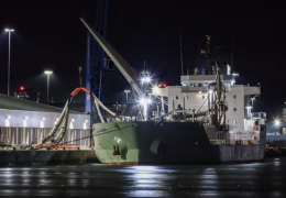 The cement carrier 'NACC Indian' discharging the first shipment of bulk cementitious product