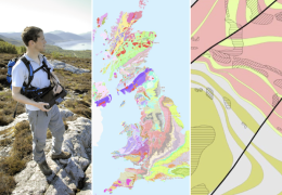 L-R: A BGS geologist mapping in the field; BGS Geology 625K; a sample of BGS Geology 10K. Images: BGS © UKRI 2025