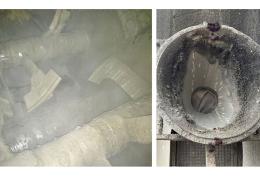 The twin-shaft mixer (left) and the mixer discharge chute (right) before the upgrade