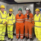 Visiting the site of the successful Longcliffe project (L-R): Mark Wheddon, University of Derby, head of delivery – Green Entrepreneurs Programme; Maria Marsden, University of Derby, project delivery & monitoring officer – Green Entrepreneurs Programme; James McDonald, Longcliffe’s control systems engineer; Mark Whittaker, Longcliffe’s operational improvements manager; and Karl Apps, Derbyshire County Council assistant director for sustainable growth