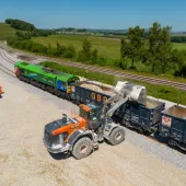 The first train loading at the new rail sidings at Tarmac’s Hillhead Quarry, near Buxton