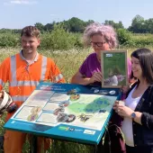 Quarry Life Award winners Lucy Hawker from Dunsmore Living Landscapes, a Warwickshire Wildlife Trust-led project, and teacher Hannah Griffith from St Margaret’s Primary School, Wolston, pictured with Smiths quarry manager Stuart Parker, who helped their ‘Quarry Life Trail’ vision come to life at Wolston Fields Quarry