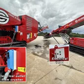 The 24m Screencore 380 stockpiler comes with ‘Dual Drive’ functionality that allows the unit to operate with power provided by a crusher or screen