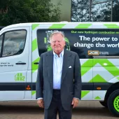 JCB chairman Anthony Bamford, who is leading the company’s £100 million hydrogen engine project, with the hydrogen-powered Mercedes Sprinter van