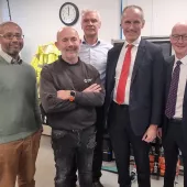 L–R: Mahmoud Elnasri, contract support manager; Chris Hall, technical supervisor; Brian Kent, national technical director; Bill Esterson MP (Shadow Roads Minister); and Pat McFadden MP (local MP and Shadow Chancellor of Duchy of Lancaster)