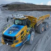 The autonomous Bell B40E articulated dumptruck in action at Sibelco’ Cornwood Quarry, in Devon