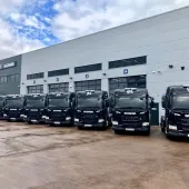 The eight new Scania ‘Super’ tractor units in GRS livery outside Scania GB’s south-west headquarters in Bridgwater