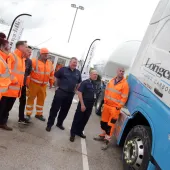 L–R: Amy Robinson, Longcliffe HGV driver; James Hopkinson, Longcliffe head of transport; Steve Bennett, director, Central Construction Services; Craig Torr, Longcliffe HGV driver; Inspector Richard Wenham, Metropolitan Police; Sergeant Rob Beckers, Metropolitan Police; and Paul Upton, Ben Bennetts HGV driver