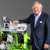Lord Bamford pictured with JCB’s hydrogen combustion engine
