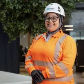 Tarmac’s Amall Saleh wearing the new PPE hijab under her hard hat