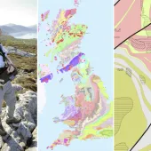 L-R: A BGS geologist mapping in the field; BGS Geology 625K; a sample of BGS Geology 10K. Images: BGS © UKRI 2025