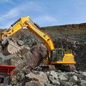 McFadyens new JCB 370X in operation at one of their own hard rock quarries
