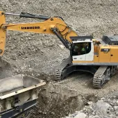 The new-generation Liebherr R 978 SME crawler excavator in operation at Beynon sand and gravel quarry in France