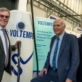 L-R: Michael Boxwell, chief executive officer of Voltempo, Sir Vince Cable, chair of the eFREIGHT 2030 consortium; and David Horsfall, director of property and sustainability at Tyseley Energy Park, celebrate the start of series production for the UK-built Voltempo HyperCharger at Tyseley Energy Park, Birmingham