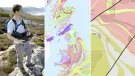 L-R: A BGS geologist mapping in the field; BGS Geology 625K; a sample of BGS Geology 10K. Images: BGS © UKRI 2025
