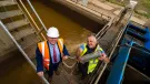 L-R: Bob Borthwick and Peter Scott with a modified 10-micron filter that allows Scott Bros’ wash plant to operate solely using recycled water